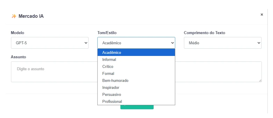 Seleção de tom e estilo no Mercado IA
