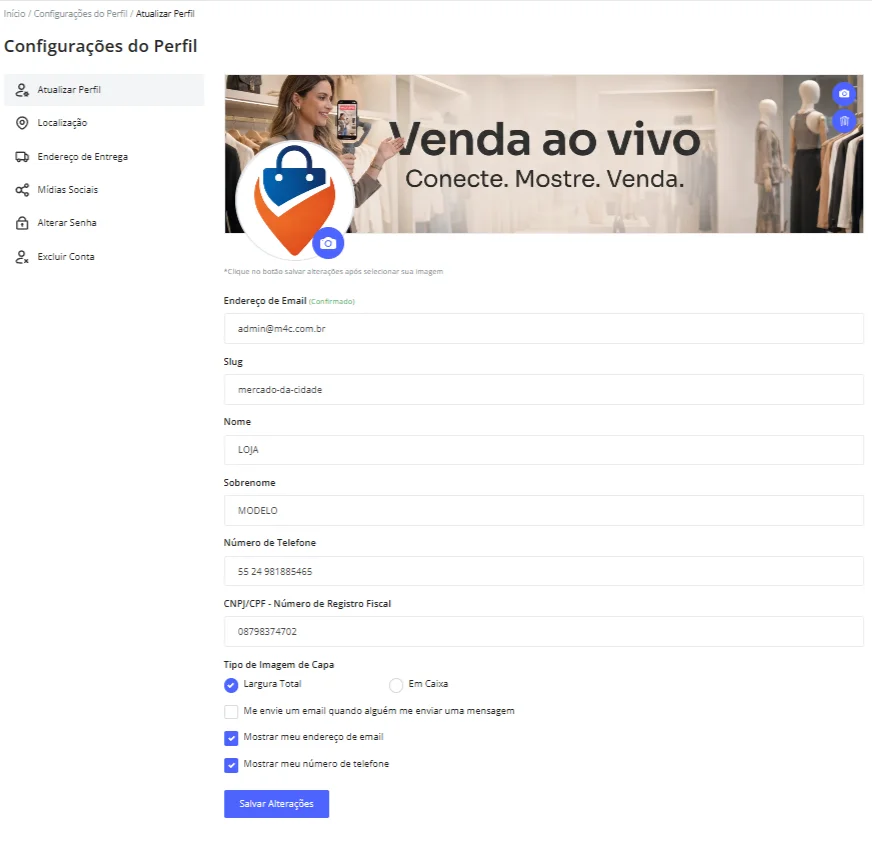 Configuração do perfil da loja Mercado da Cidade