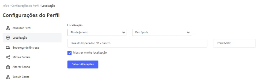 Configuração de localização da loja