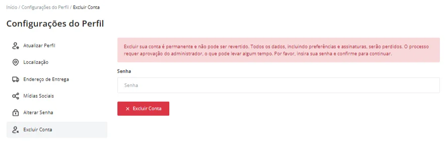 Exclusão de conta Mercado da Cidade