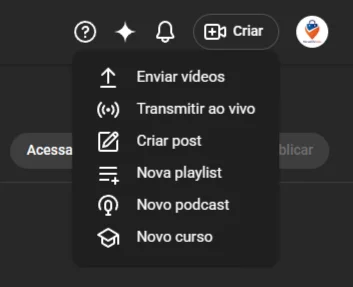 Botão Criar e Transmitir ao vivo no YouTube