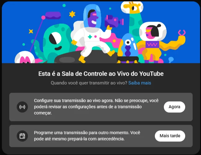 Sala de controle ao vivo do YouTube