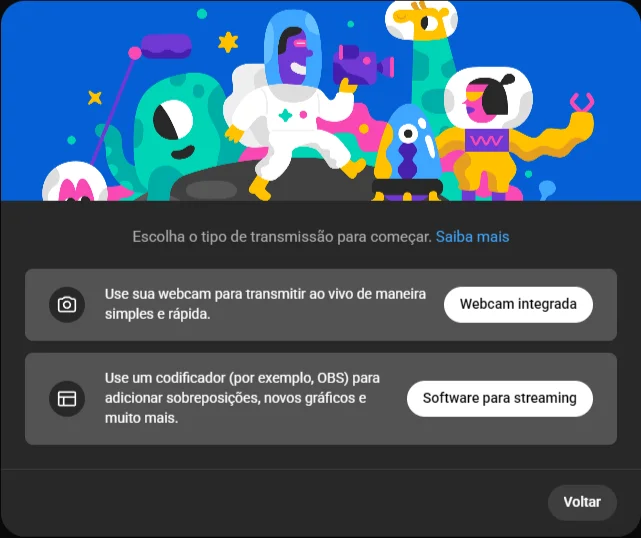 Escolha entre webcam integrada e software para streaming no YouTube