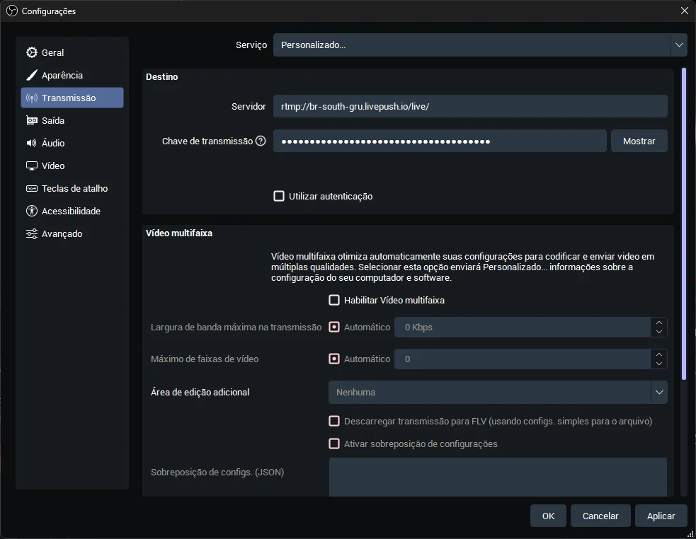 Configuração de transmissão no OBS Studio