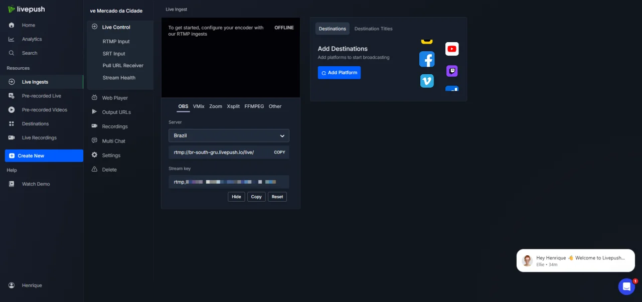 Servidor Brasil e chave de transmissão no Livepush