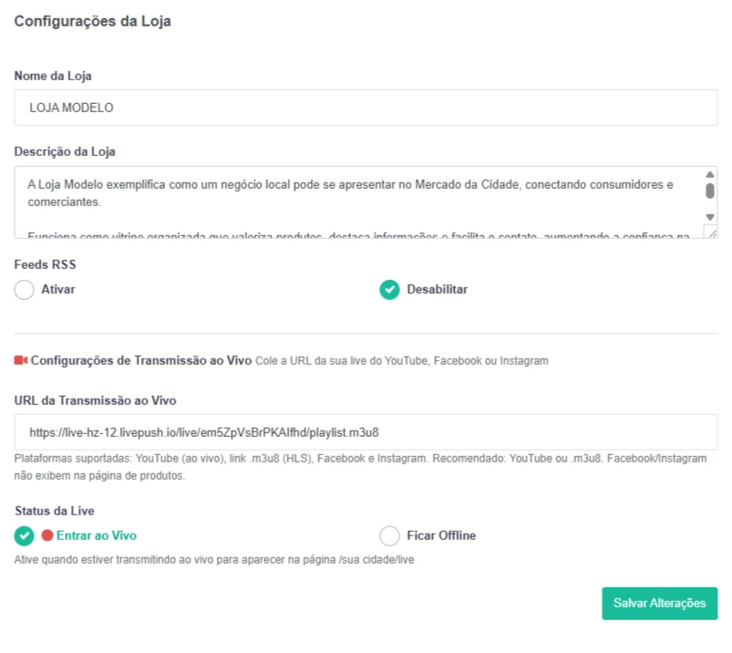 Configuração da transmissão ao vivo no painel do lojista M4C