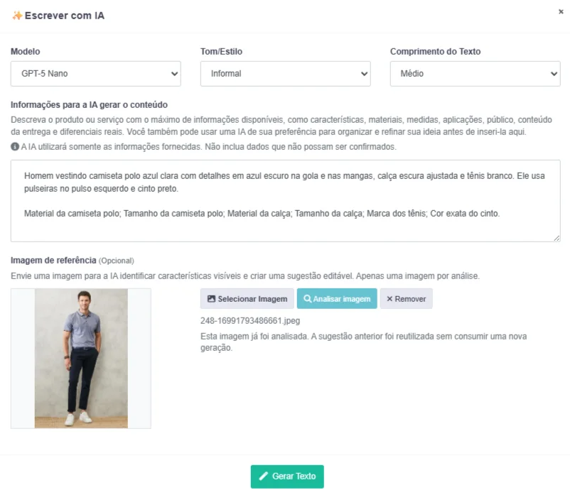 Análise de uma imagem de referência no Mercado IA