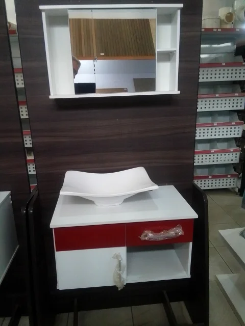 Gabinete para Banheiro Tokyo 1,44m Branco e Vermelho com Cuba de Sobrepor e Espelheira Premium
