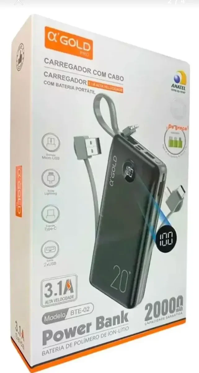 Carregador Portátil Power Bank 20000mAh α'GOLD PRO BTE-02 com Display Digital e Cabos Integrados 3.1A