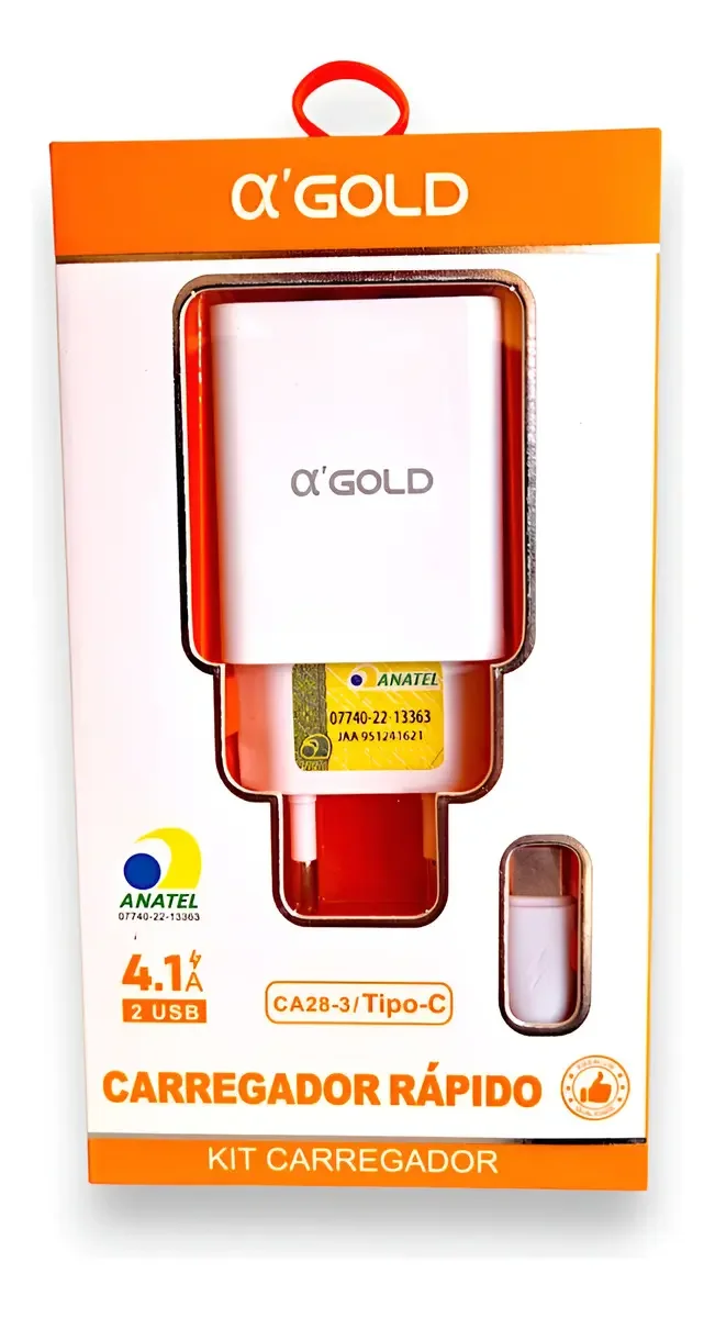 Carregador Rápido 5.1A α'GOLD CA23-3 com 2 Portas USB e Cabo Tipo-C Homologado ANATEL